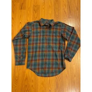 Patagonia Men Organic Cotton Plaid Long Sleeve Button Up Shirt blue orange Small